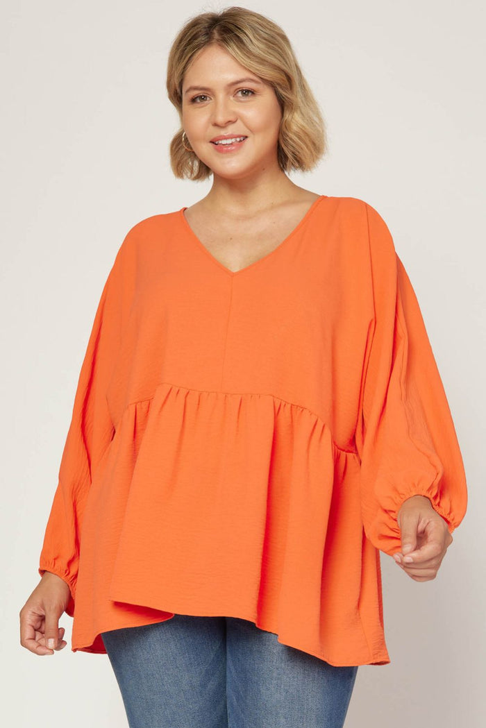 Textured Long Sleeve Babydoll Top, Orange
