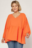 Textured Long Sleeve Babydoll Top, Orange