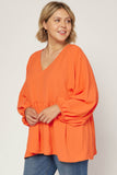 Textured Long Sleeve Babydoll Top, Orange
