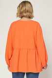 Textured Long Sleeve Babydoll Top, Orange