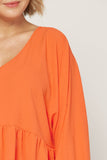 Textured Long Sleeve Babydoll Top, Orange
