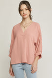 Placket V-Neck Top, Salmon