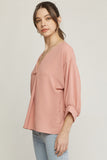 Placket V-Neck Top, Salmon