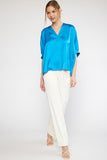 Satin V-Neck Placket Blouse, French Blue