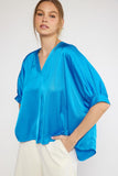 Satin V-Neck Placket Blouse, French Blue