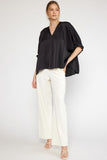 Satin V-Neck Placket Blouse, Black
