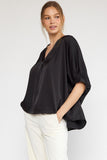 Satin V-Neck Placket Blouse, Black