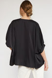 Satin V-Neck Placket Blouse, Black