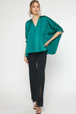 Satin V-Neck Placket Blouse, Green