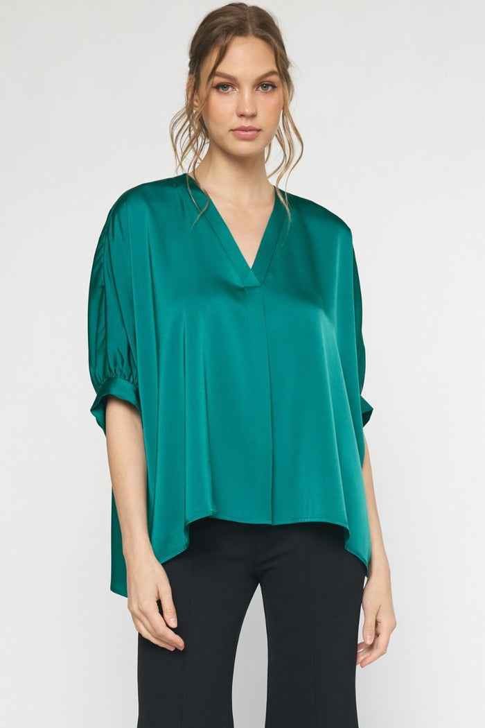 Satin V-Neck Placket Blouse, Green