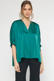 Satin V-Neck Placket Blouse, Green