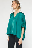 Satin V-Neck Placket Blouse, Green