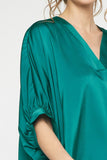 Satin V-Neck Placket Blouse, Green