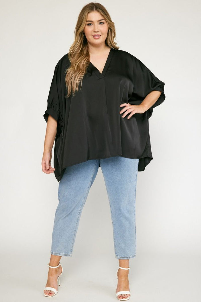 Satin V-Neck Placket Blouse, Black