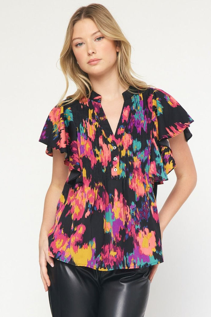 entro USA Printed Pinktuck Blouse