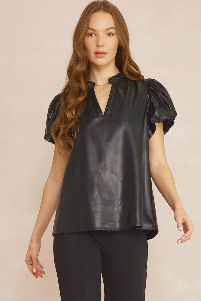 entro Floral Vega Leather Puff Sleeve Top