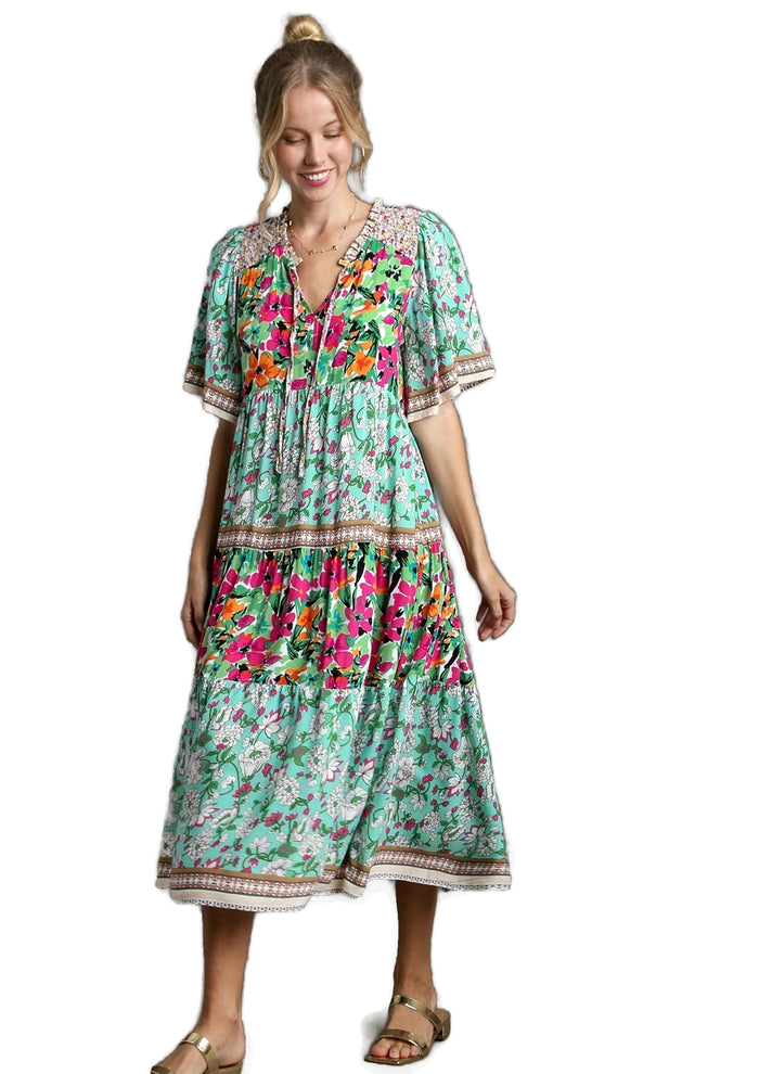 umgee Mixed Floral Border Print Dress, Mint