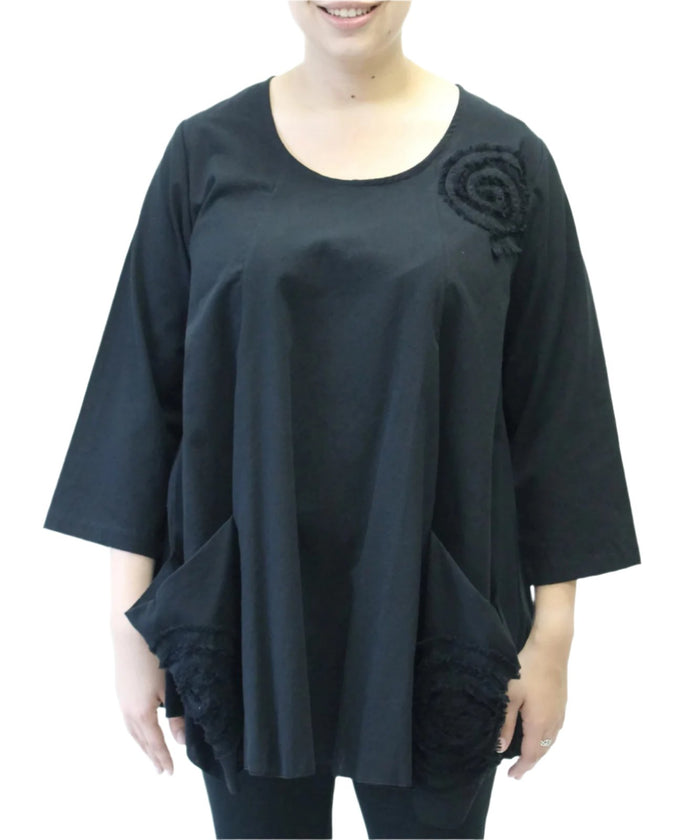 Modesce Hand Painted Cotton Swirl Swing Tunic, Black