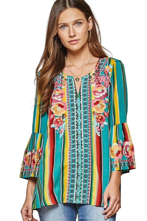 South Beach Striped Embroidered Top, Turquoise