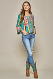 South Beach Striped Embroidered Top, Turquoise