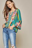 South Beach Striped Embroidered Top, Turquoise