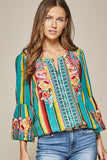 South Beach Striped Embroidered Top, Turquoise