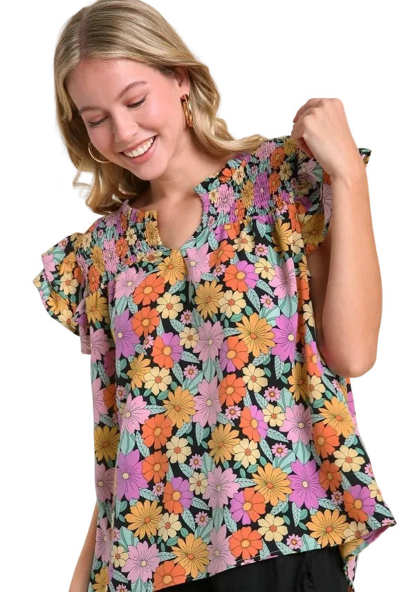 Smocked Ruffle Sleeve Floral Top