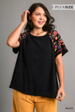 Embroidered Sleeve Frayed Ruffle Trim Top, Black