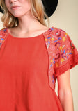 Embroidered Sleeve Frayed Ruffle Trim Top, Orange Red
