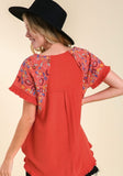 Embroidered Sleeve Frayed Ruffle Trim Top, Orange Red