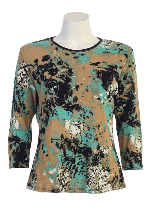 Long-sleeve top with abstract pattern on a mannequin against a white background
