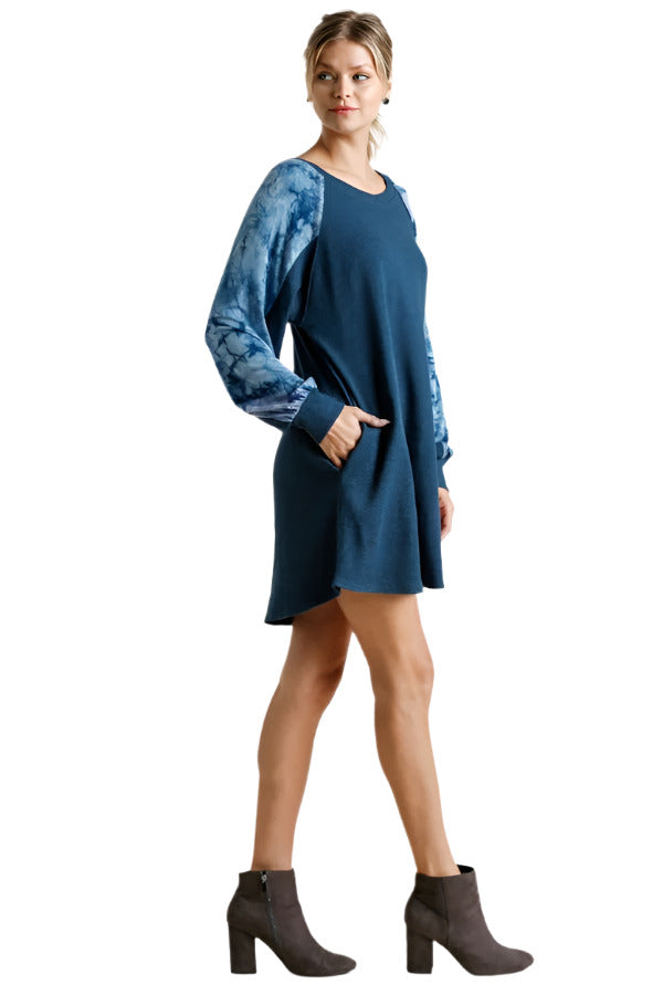 Umgee Tie Dye Raglan Sleeve Waffle Knit Mini Dress, Blue M Umgee Tie Dye Raglan Sleeve Waffle Knit Mini Dress, Blue M