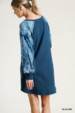 Tie Dye Raglan Sleeve Waffle Knit Mini Dress, Blue