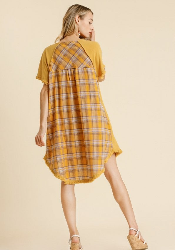 Umgee USA Plaid Print Back Dress, Golden Yellow