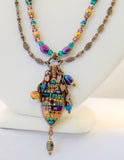 Michal Golan Deep Purple Multi Color Double Chain Oval Pendant Necklace