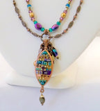 Michal Golan Deep Purple Multi Color Double Chain Oval Pendant Necklace