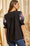 Embroidered Peasant Top, Black