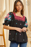 Embroidered Peasant Top, Black