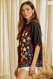 Floral Embroidered Button Top, Black