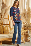 Floral Embroidered Button Top, Navy