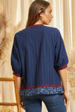 Floral Embroidered Button Top, Navy