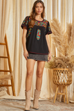 Floral & Geometric Embroidered Top, Black
