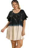 Woman wearing a black and white tie-dye dress with 'Plus Size' text above.