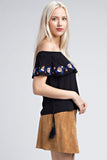 Strapless Embroidered Ruffle Top, Black