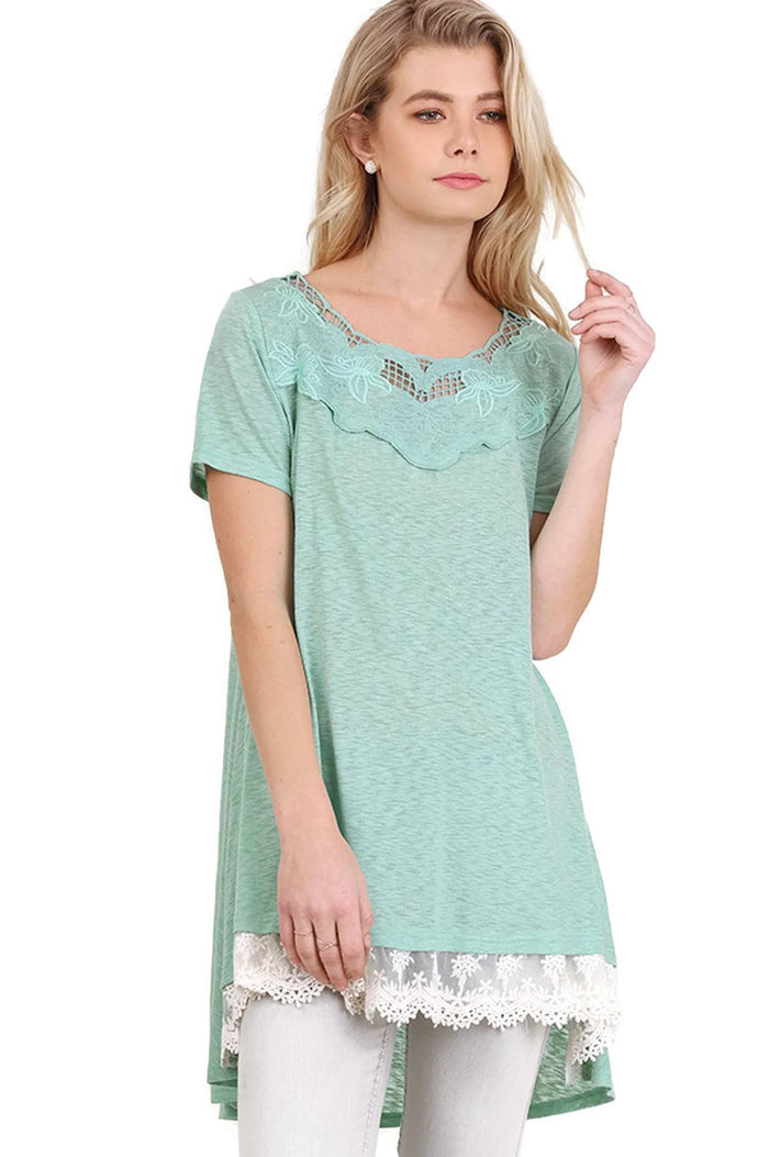 Floral Crochet Lace Trim Tunic , Sage