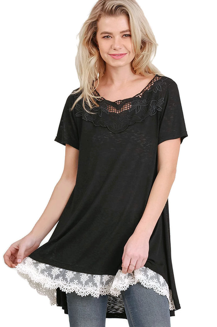 Floral Crochet Lace Trim Tunic , Black