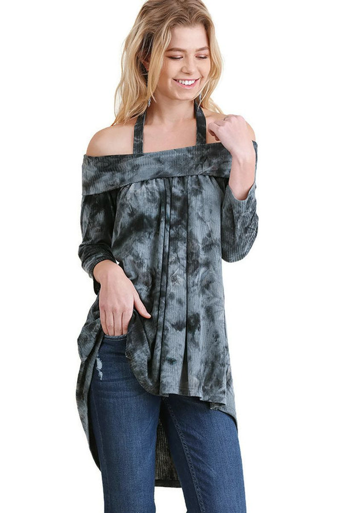 Tie Dye Off The Shoulder High Low Tunic, Black
