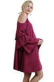 Cold Shoulder Layered Bell Sleeve Dress, Berry