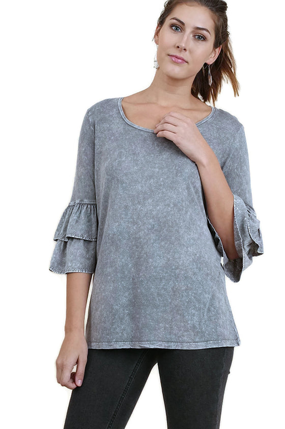 Mineral Washed Layered Ruffled Bell Sleeve Top, Grey