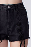 Lace Up Frayed Denim Shorts, Black